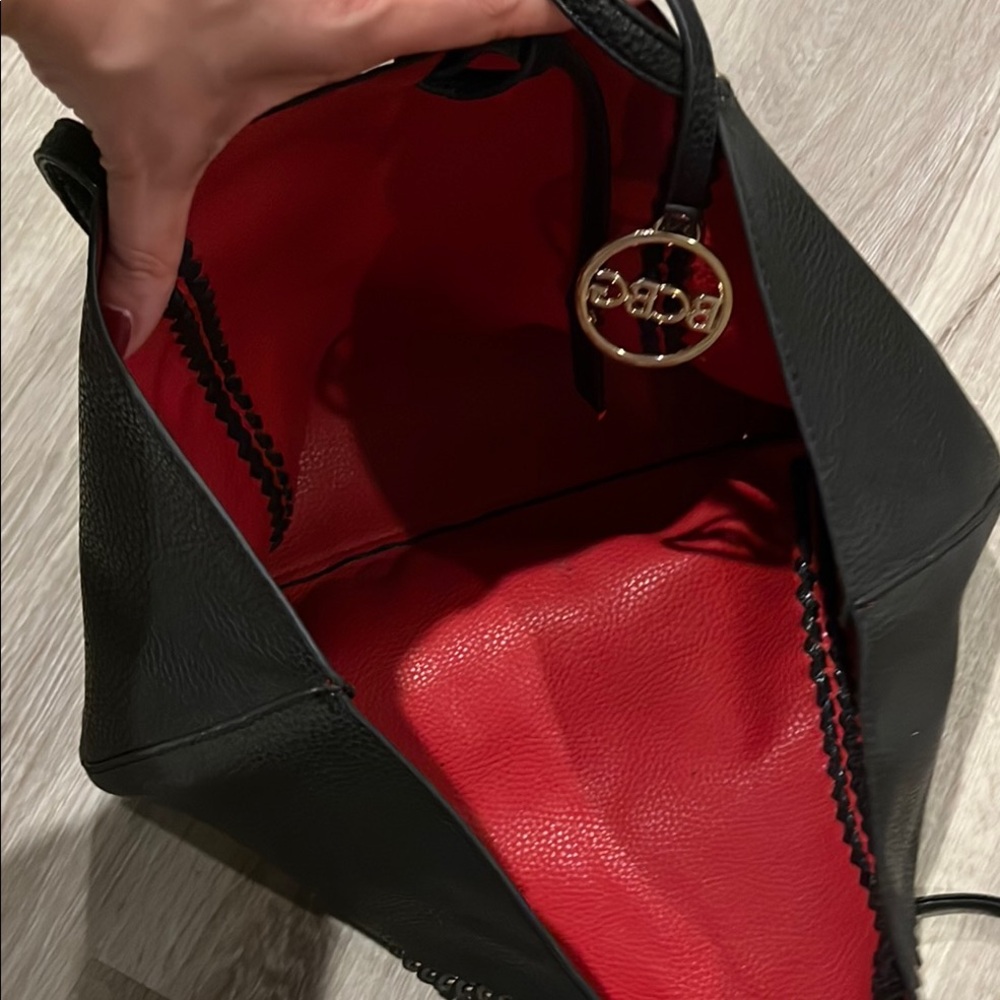 BCBG Black Leather Tote Bag with Gold Accents